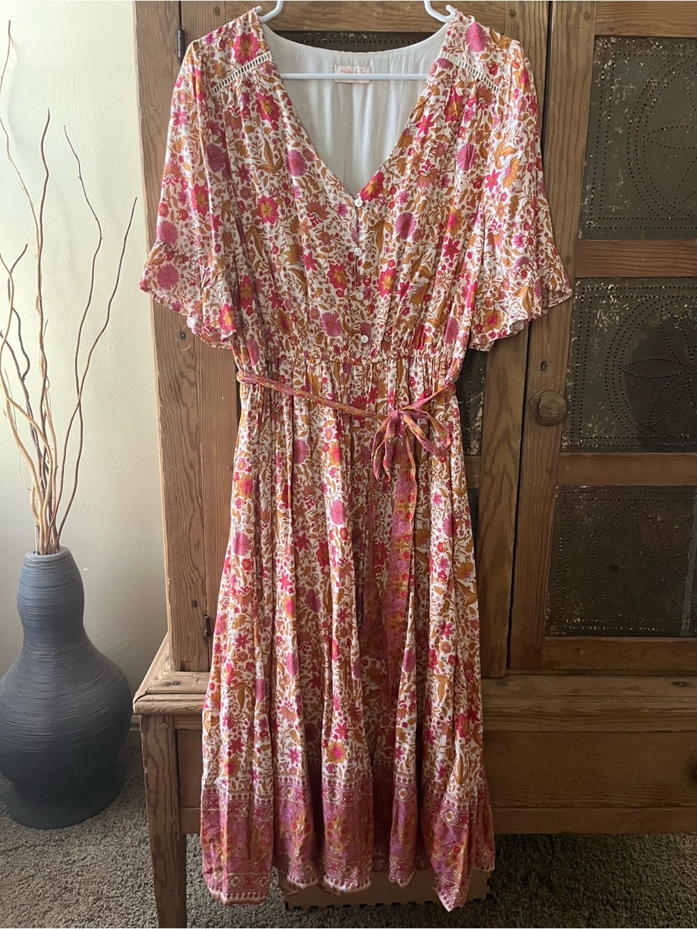 Bohemian Floral Maxi Dress in Pink and Tan — V-Neck with Self Tie Waist